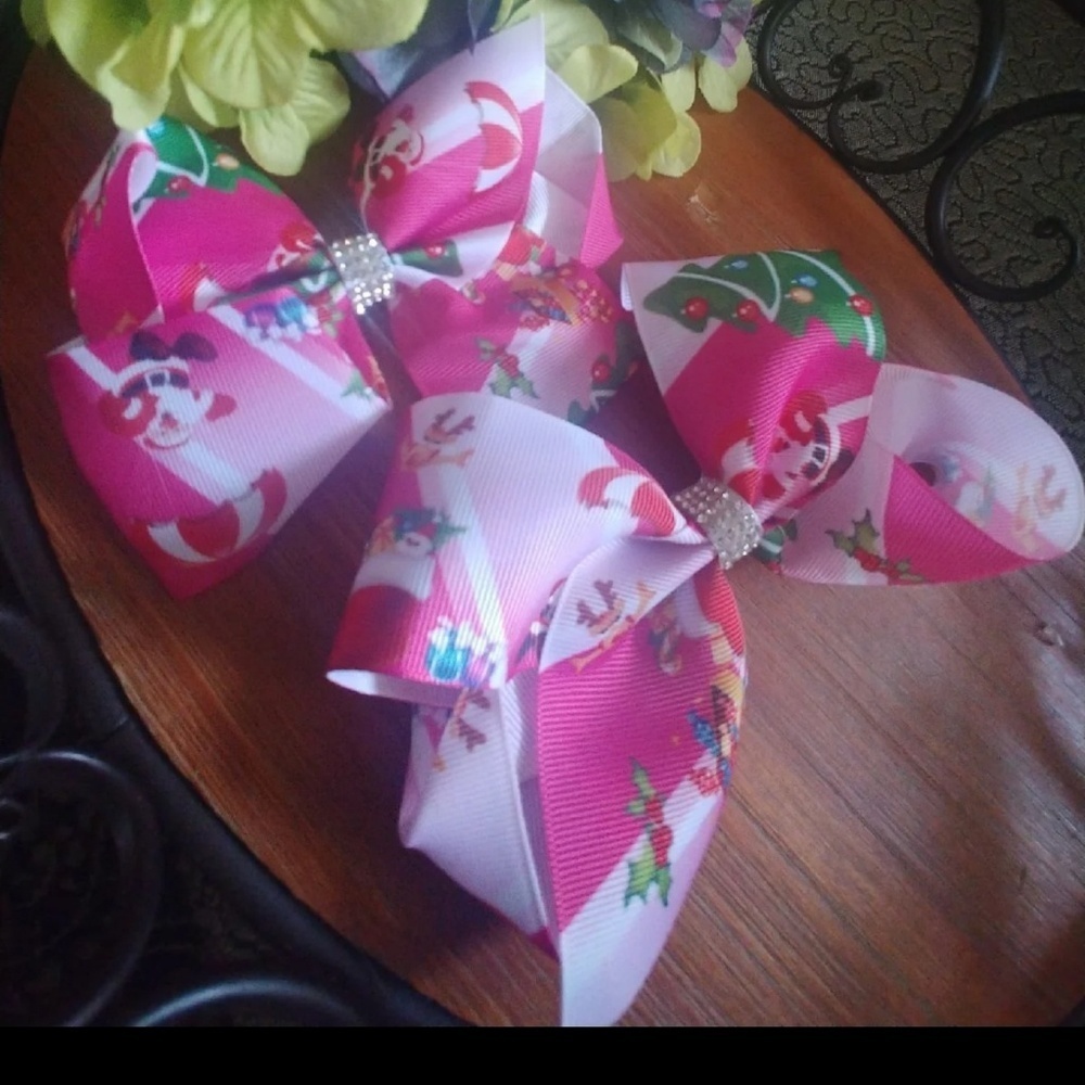 2 Girls Pink Christmas Print Ribbon Hair Clip Bow